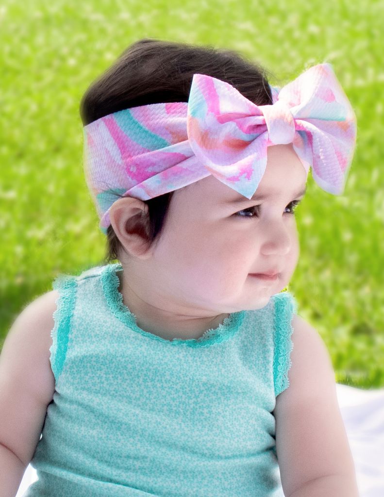 Soft Printed Pink Watercolor Rippled-Textured Wide Girls Baby Band with Large Matching Bowtie