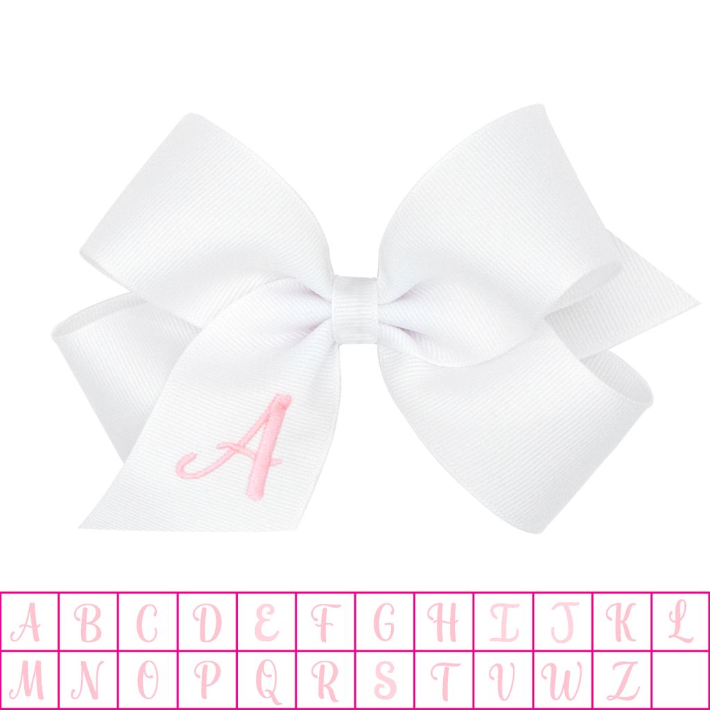 Medium Monogrammed Grosgrain Girls Hair Bow - White with Light Pink Initial