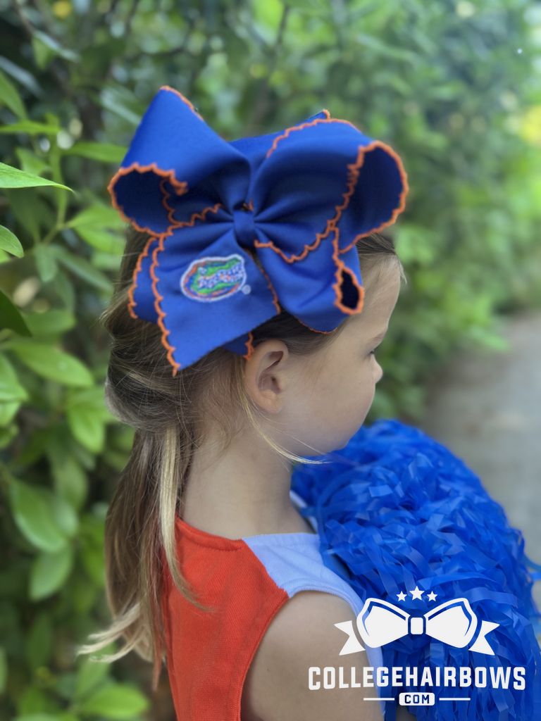 King Grosgrain Hair Bow with Moonstitch Edge and Embroidered Collegiate Logo