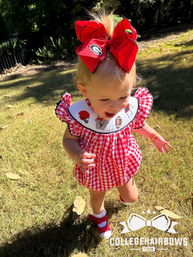 King Grosgrain Hair Bow with Moonstitch Edge and Embroidered Collegiate Logo