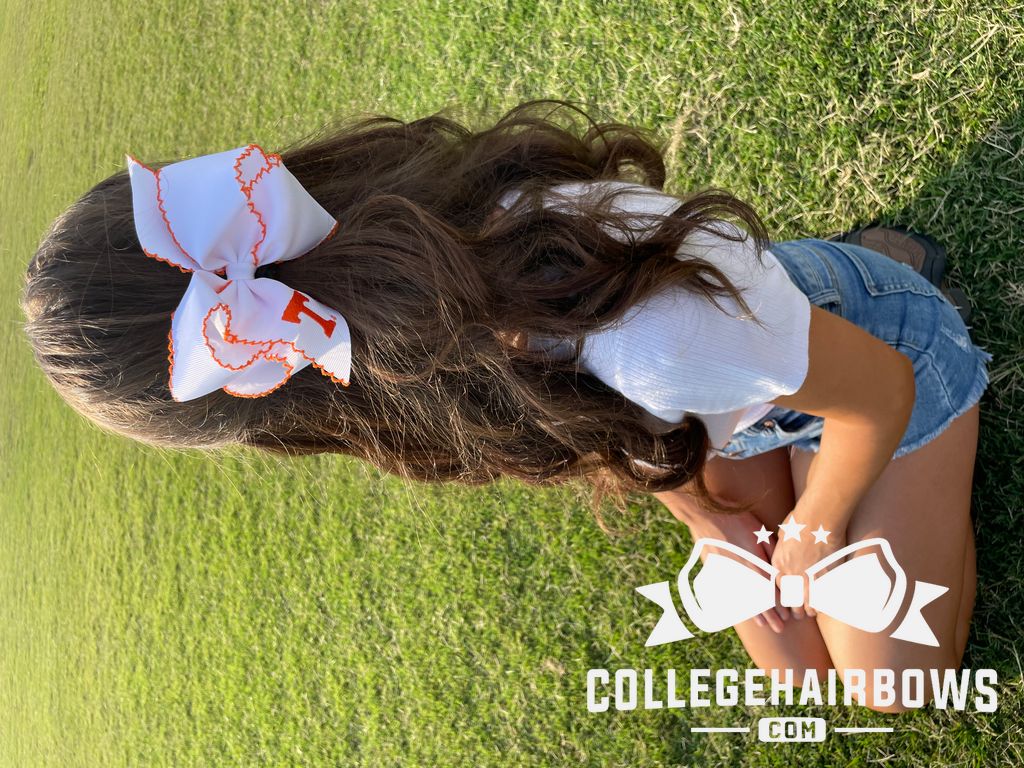 King Grosgrain Hair Bow with Moonstitch Edge and Embroidered Collegiate Logo