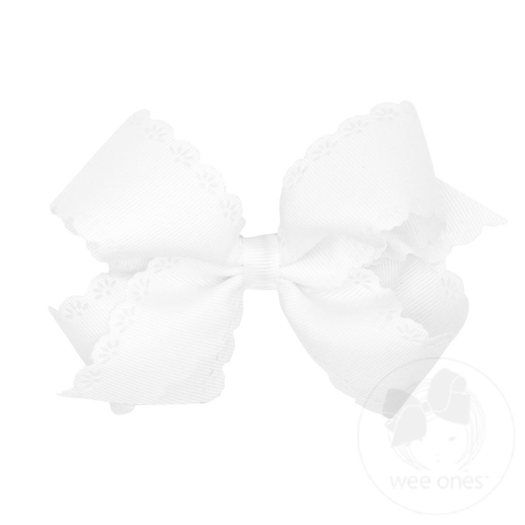 Medium Grosgrain Floral Eyelet Embossed Edged Girls Hair Bows - WHITE