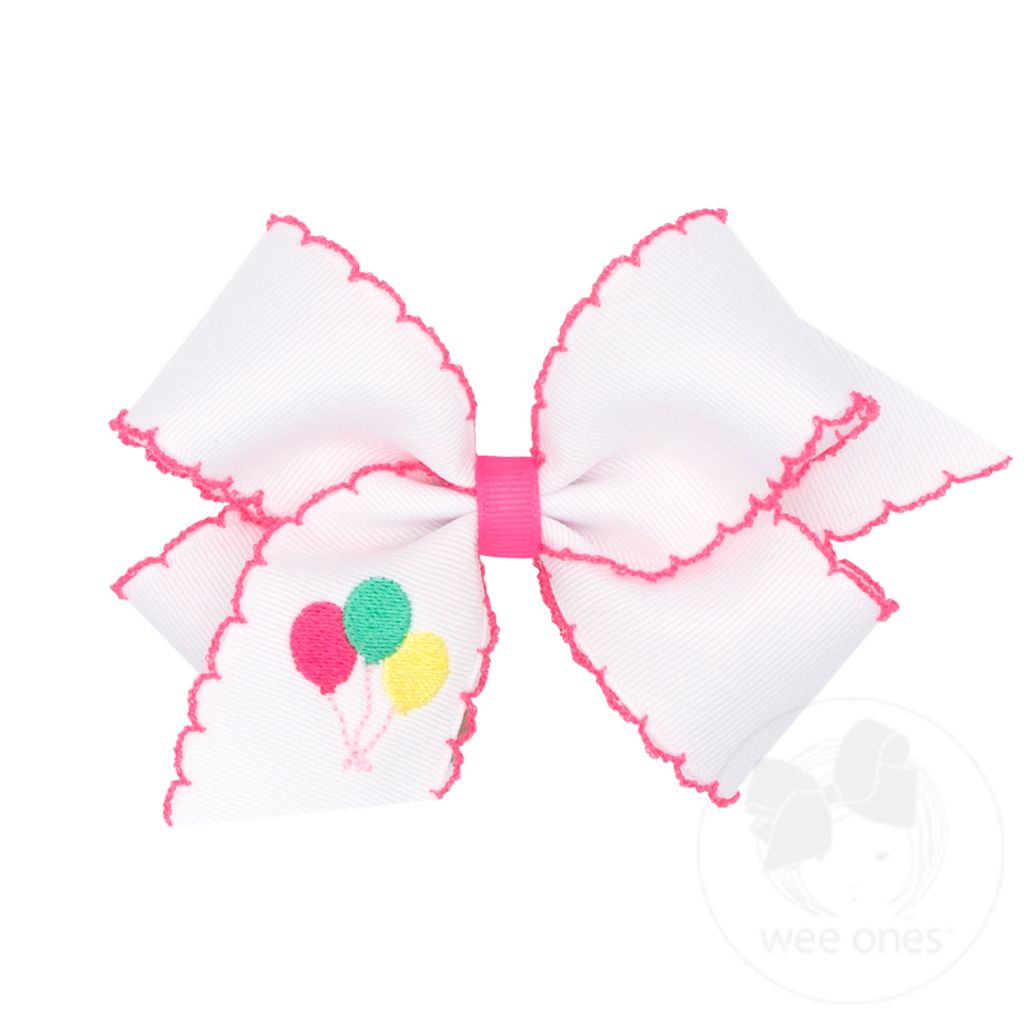 Medium Grosgrain Hair Bow with Moonstitch Edge and Birthday Girl Balloon, Present or Cupcake Embroidery - BALLOON