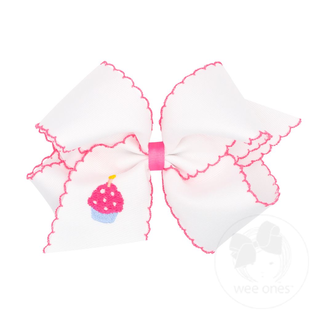 King Grosgrain Moonstitch Birthday Girl Hair Bow with Embroidered Motif - CUP
