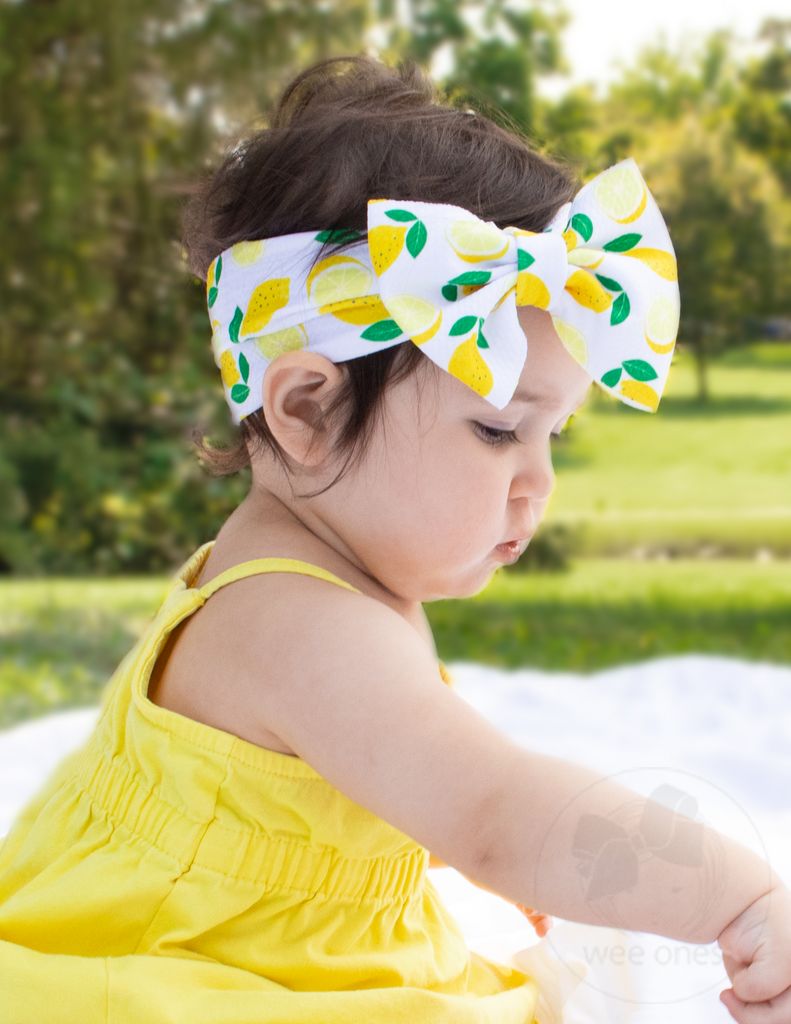 Soft Printed Lemon Rippled-Textured Wide Girls Baby Band with Large Matching Bowtie