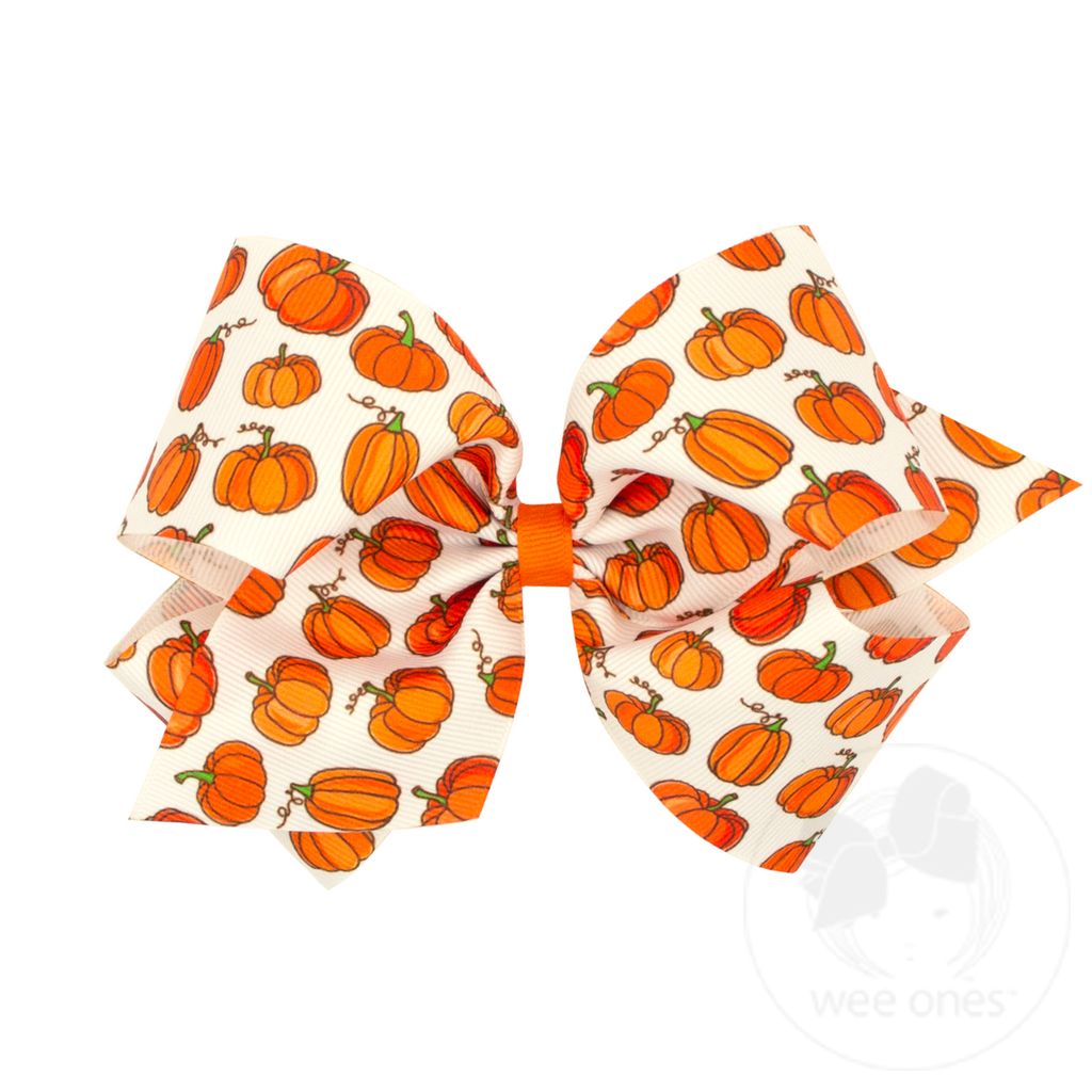 King Harvest-Themed Print Grosgrain Bow, Pumpkin - PUMPKIN