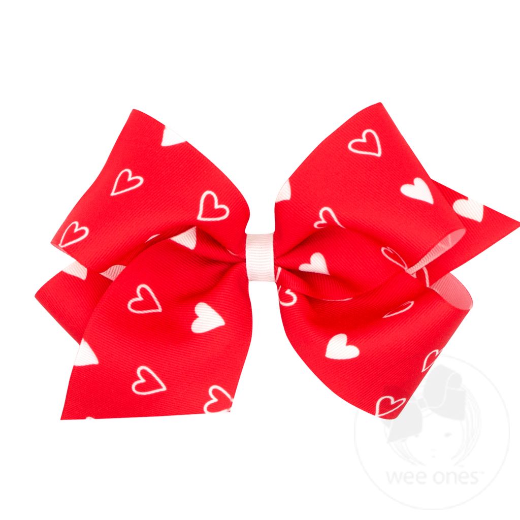 King Valentine Heart Print Grosgrain Girls Hair Bow - RED