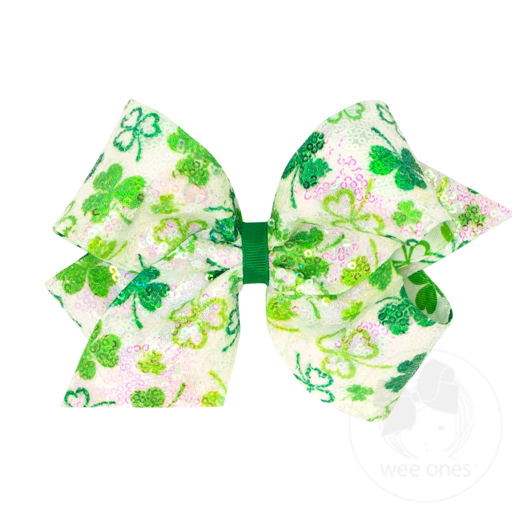 King White Sequined Shamrock Print Girls Hair Bow - SHAMROCK