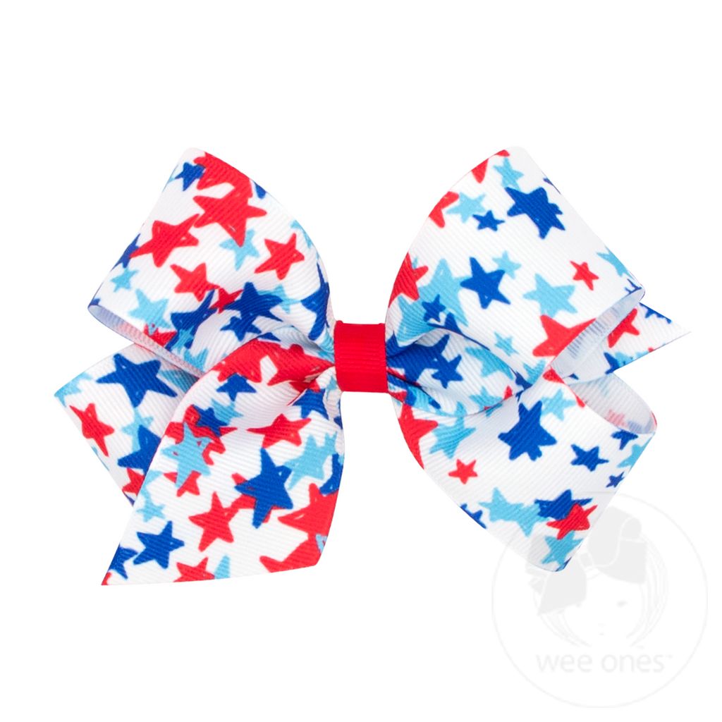 Medium Patriotic Fireworks Printed Grosgrain Girls Hair Bow - STAR