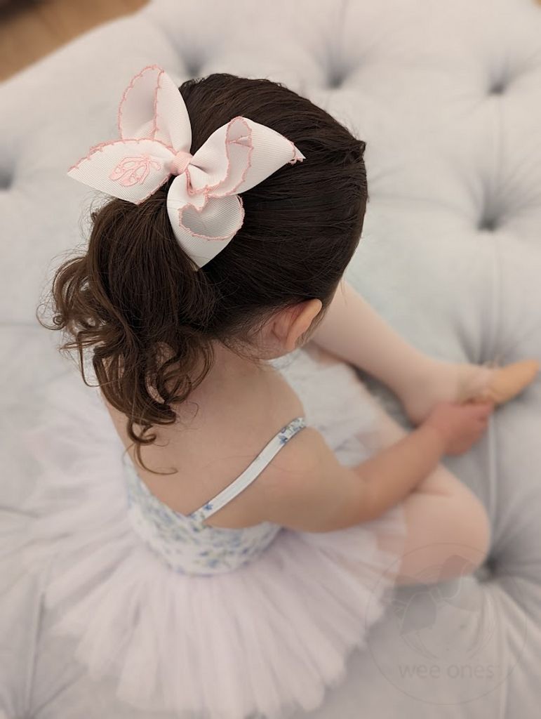Medium Grosgrain Hair Bow with Pink Moonstitch Edge and Ballerina Dress Embroidery
