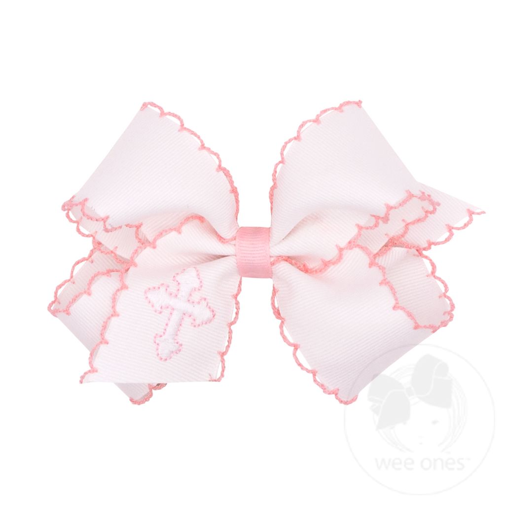 Medium Grosgrain Bow with Moonstitch Edge and white Cross Embroidery - WHT W/ LPK