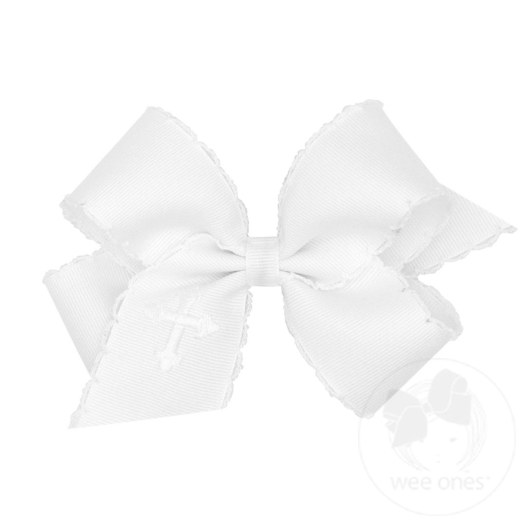 Medium Grosgrain Bow with Moonstitch Edge and white Cross Embroidery - WHT W/ WHT
