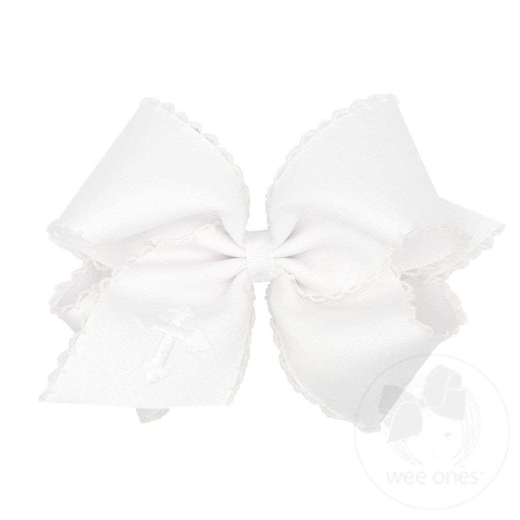 King Grosgrain Hair Bow with Moonstitch Edge and White Cross Embroidery - WHT W/ WHT