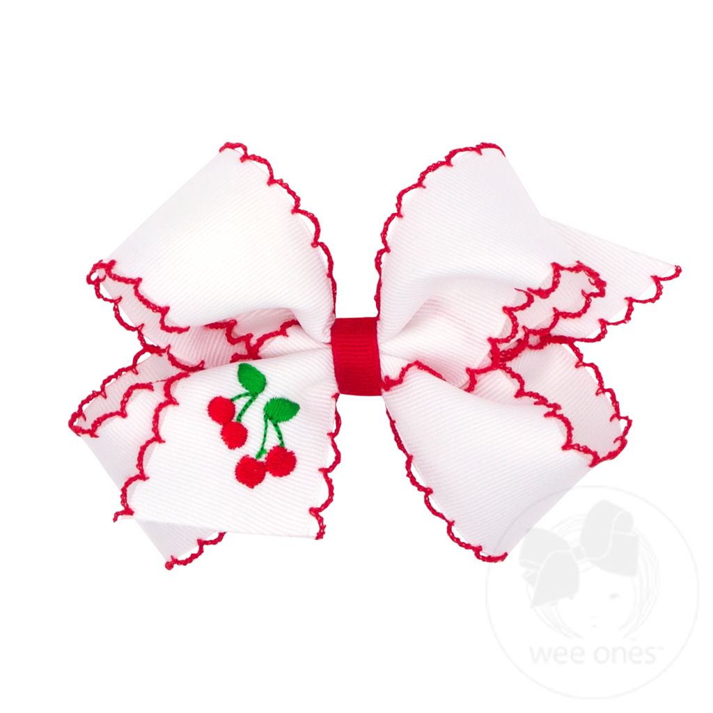 Medium Grosgrain Hair Bow with Moonstitch Edge and Summer-themed Embroidery - CHERRY