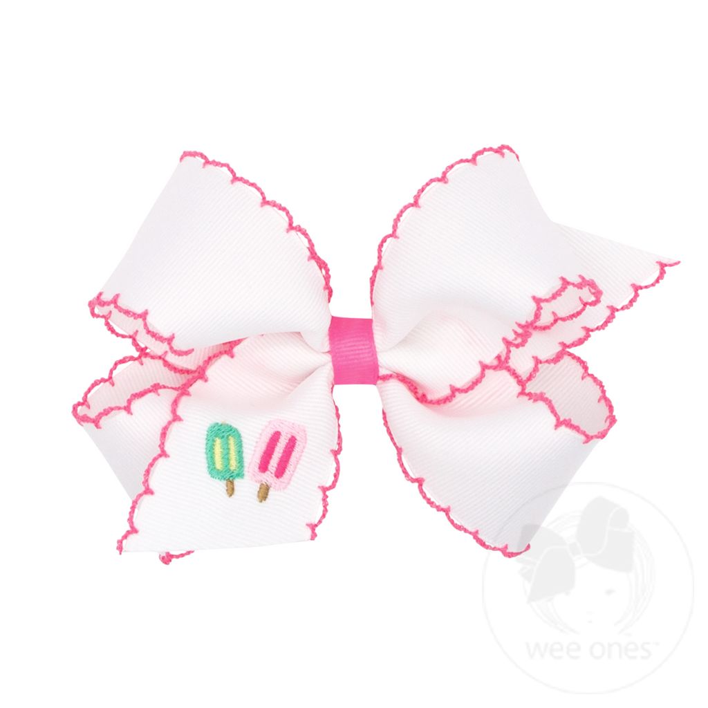Medium Grosgrain Hair Bow with Moonstitch Edge and Summer-themed Embroidery - POPSICLE
