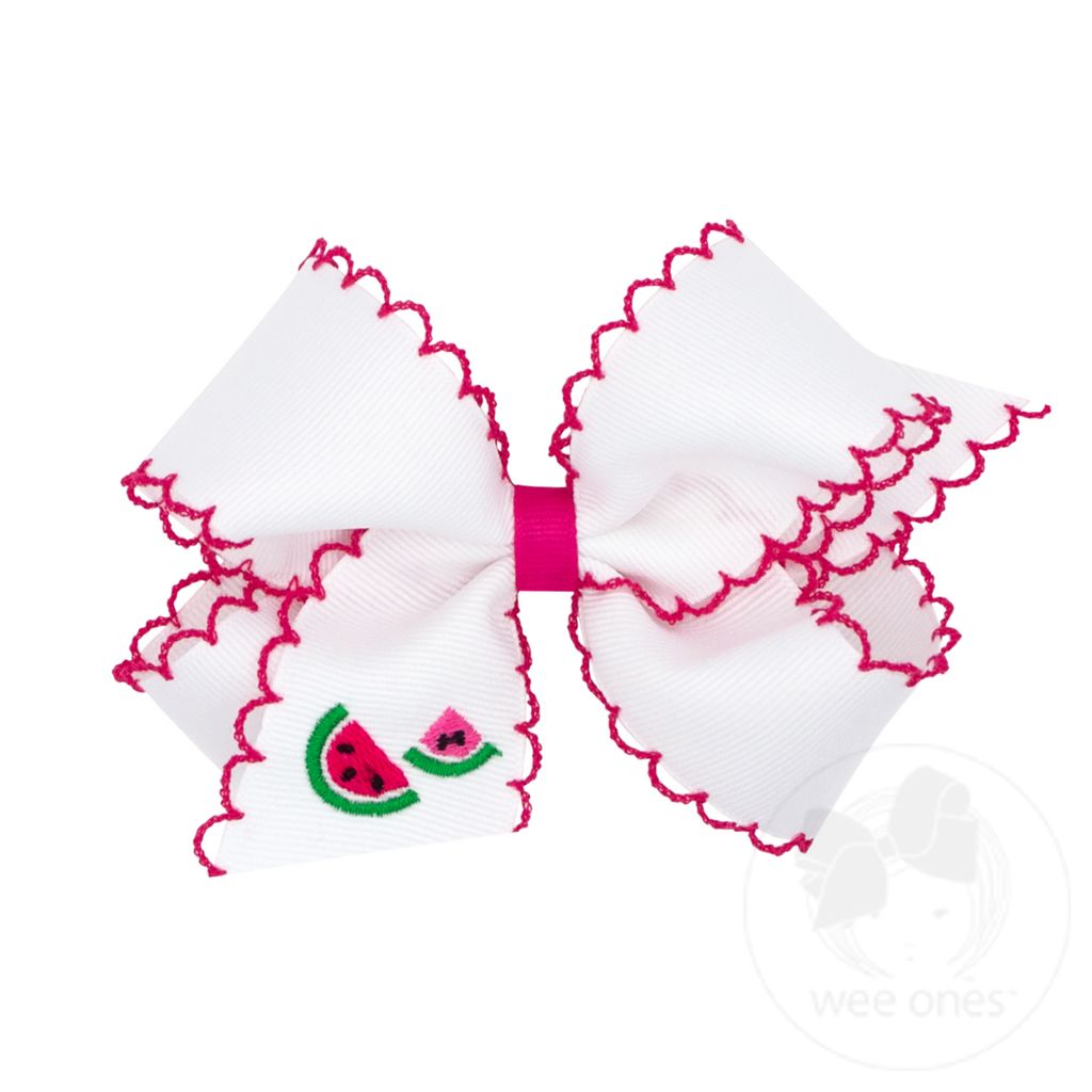 Medium Grosgrain Hair Bow with Moonstitch Edge and Summer-themed Embroidery - WATERMELON