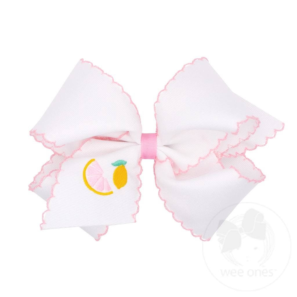 King Grosgrain Hair Bow with Moonstitch Edge and Summer-themed Embroidery - LEMON