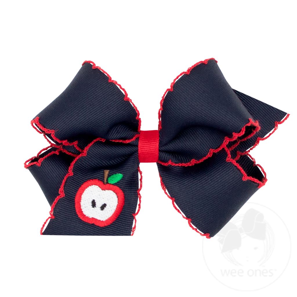Medium Apple Embroidered Grosgrain Hair Bow with Moonstitch Edge - NVY W/ RED