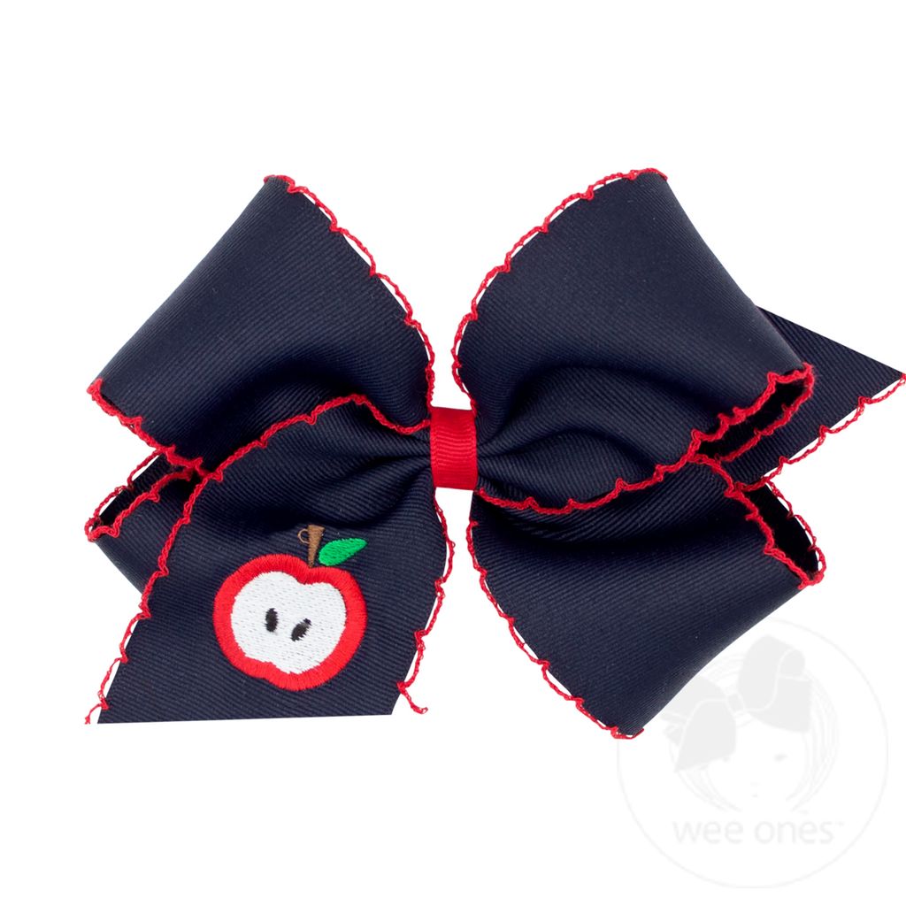 King Apple Embroidered Grosgrain Hair Bow with Moonstitch Edge - NVY W/ RED