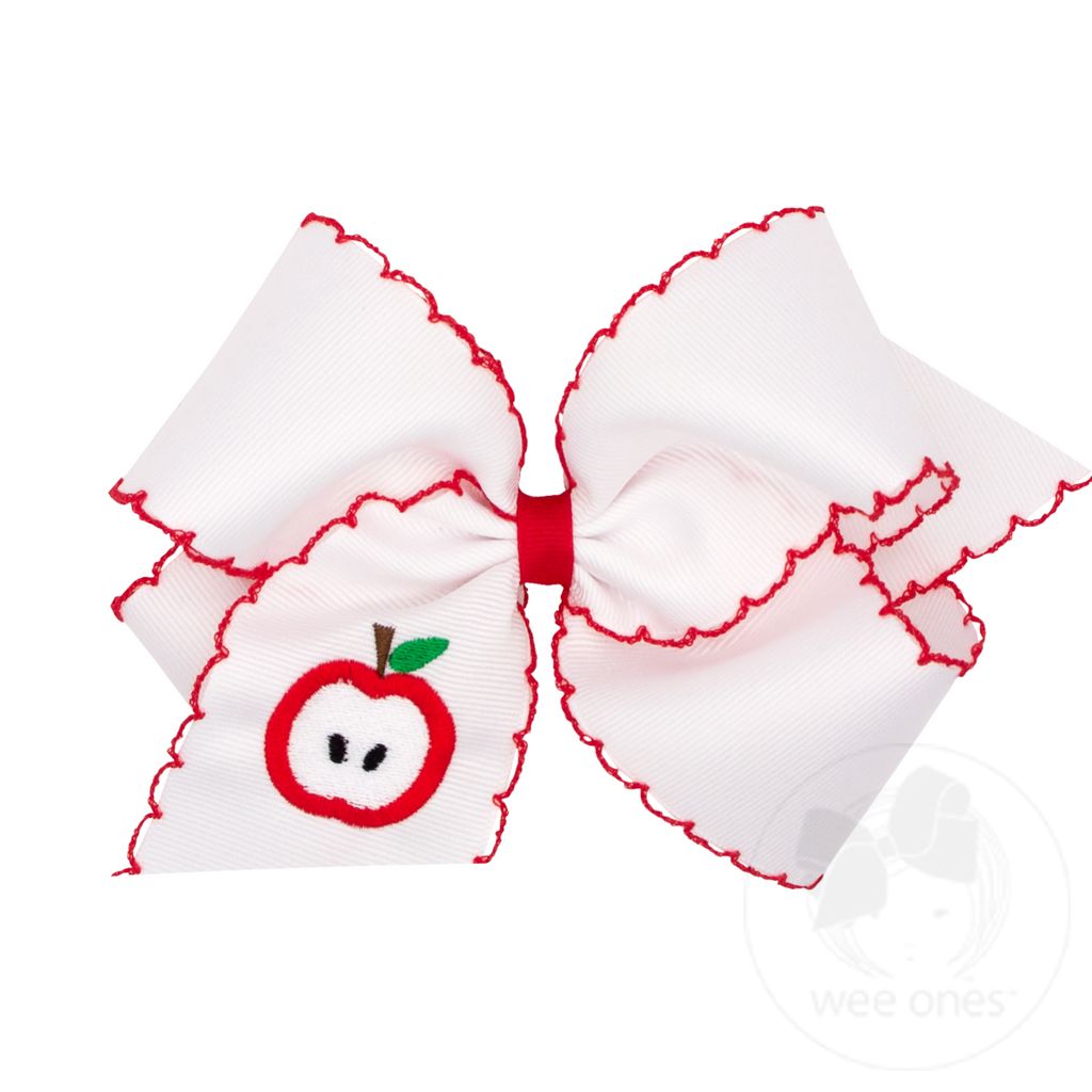 King Apple Embroidered Grosgrain Hair Bow with Moonstitch Edge - WHT W/ RED