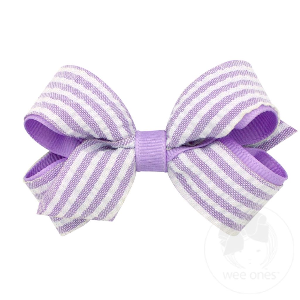 Mini Grosgrain and Genuine Seersucker Fabric Overlay Hair Bow - LT ORCHID