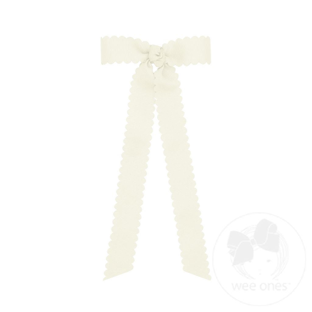 Mini Grosgrain Scalloped Edge Bowtie with Knot Wrap and Streamer Tails - ANTIQUE WHITE