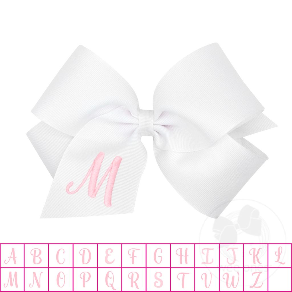 King Monogrammed Grosgrain Girls Hair Bow - White with Light Pink Initial