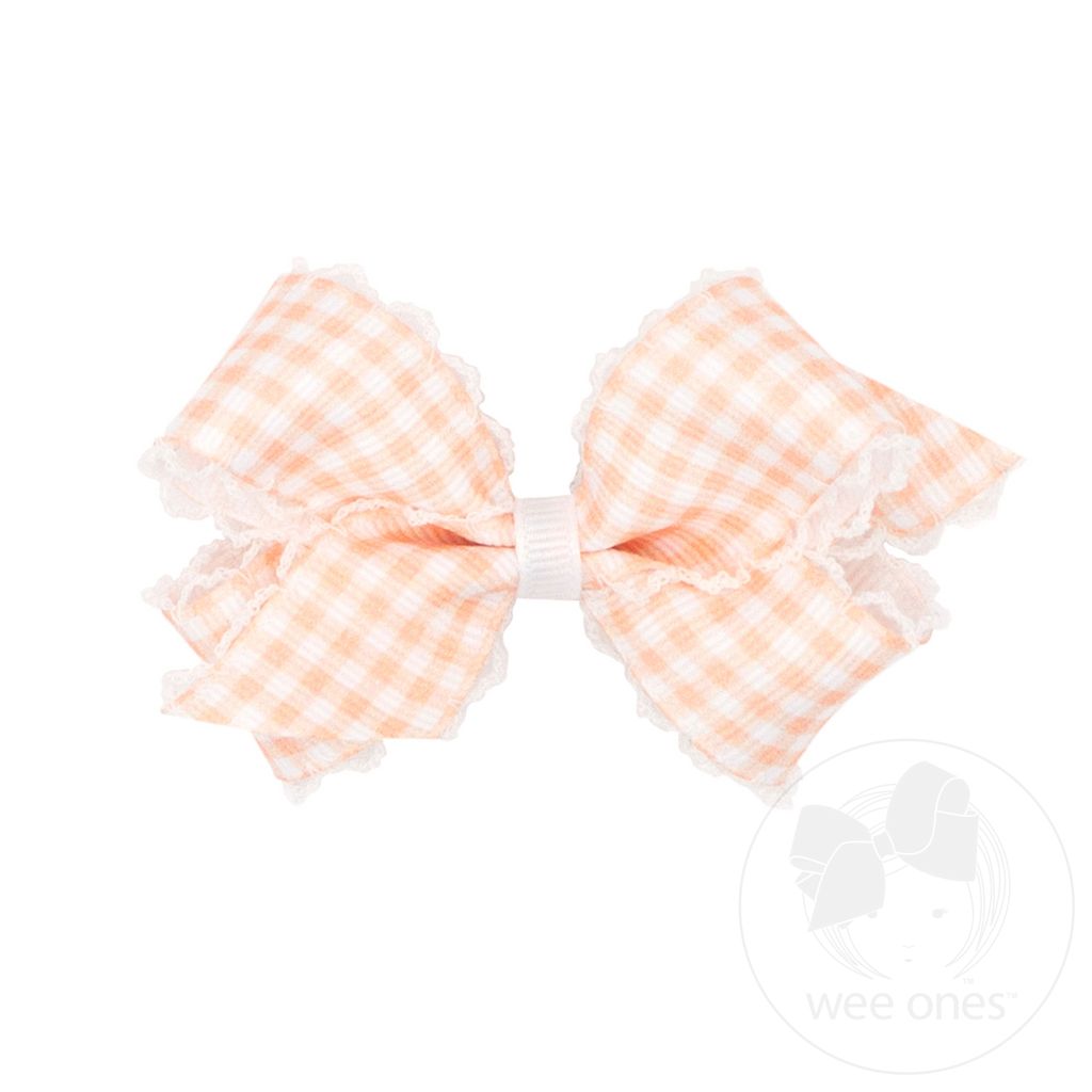 Mini Gingham-Printed Grosgrain Hair Bow with Moonstitch Edge - LT CORAL