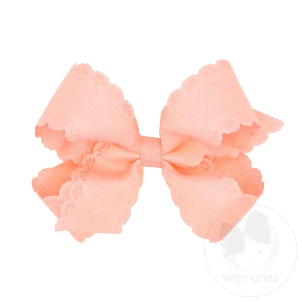 Medium Grosgrain Bow with Eyelet Flower-Embossed Edges - LT CORAL
