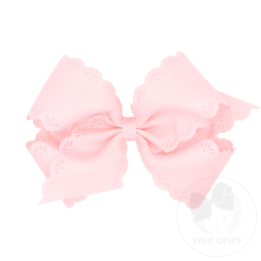 Small King Grosgrain Bow with Eyelet Flower Embossed Edges - POWDER PINK