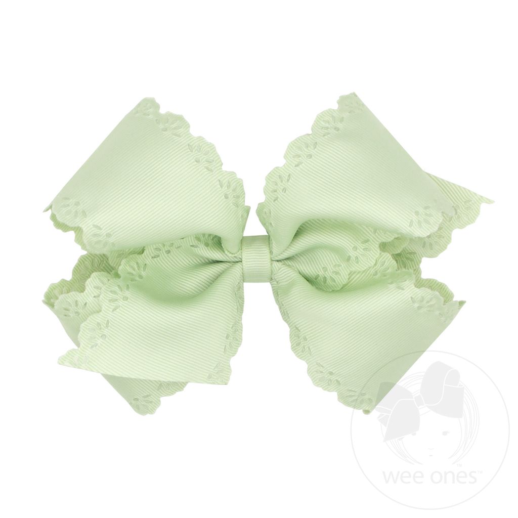 Small King Grosgrain Bow with Eyelet Flower Embossed Edges - SEAFOAM