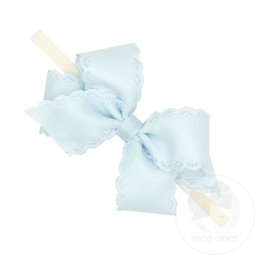 Small Grosgrain Hair Bow with Embossed Eyelet Edge on White Nylon Band - BLUE VAPOR