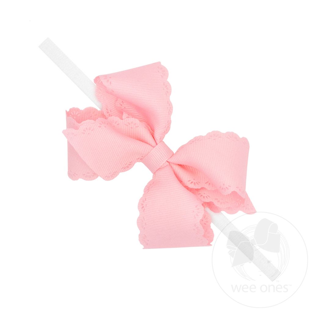 Small Grosgrain Hair Bow with Embossed Eyelet Edge on White Nylon Band - LT PINK