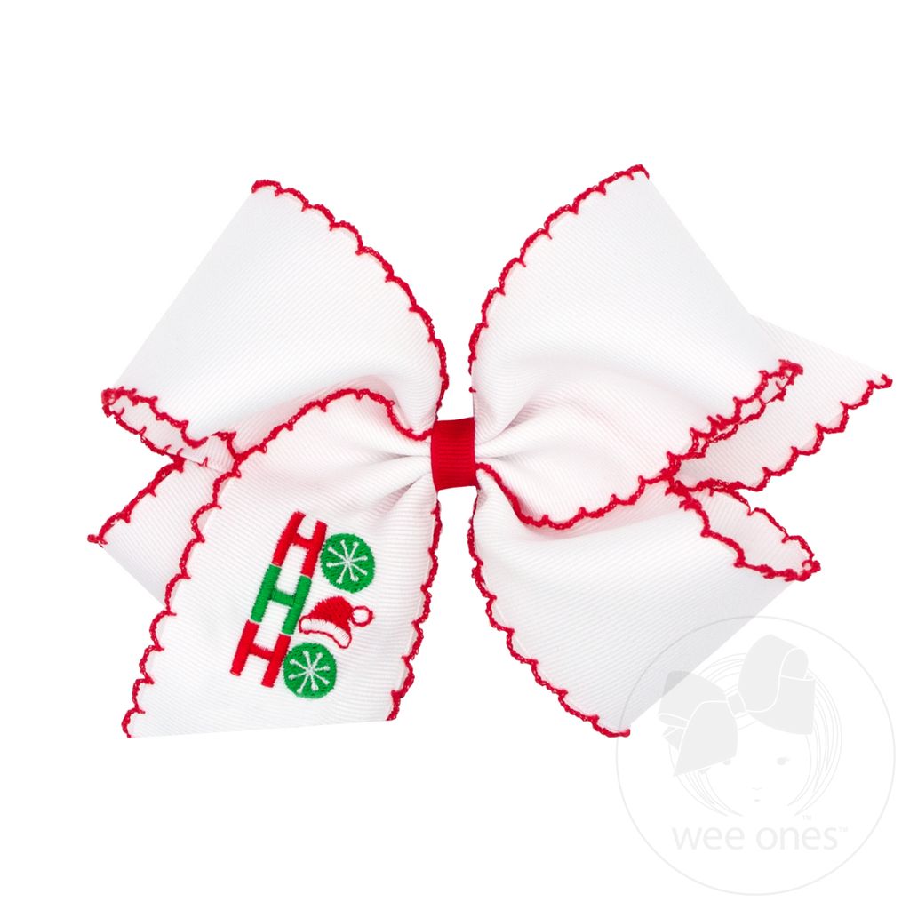 King Grosgrain Hair Bow with Moonstitch Edge and Christmas-themed Embroidery - HOHO