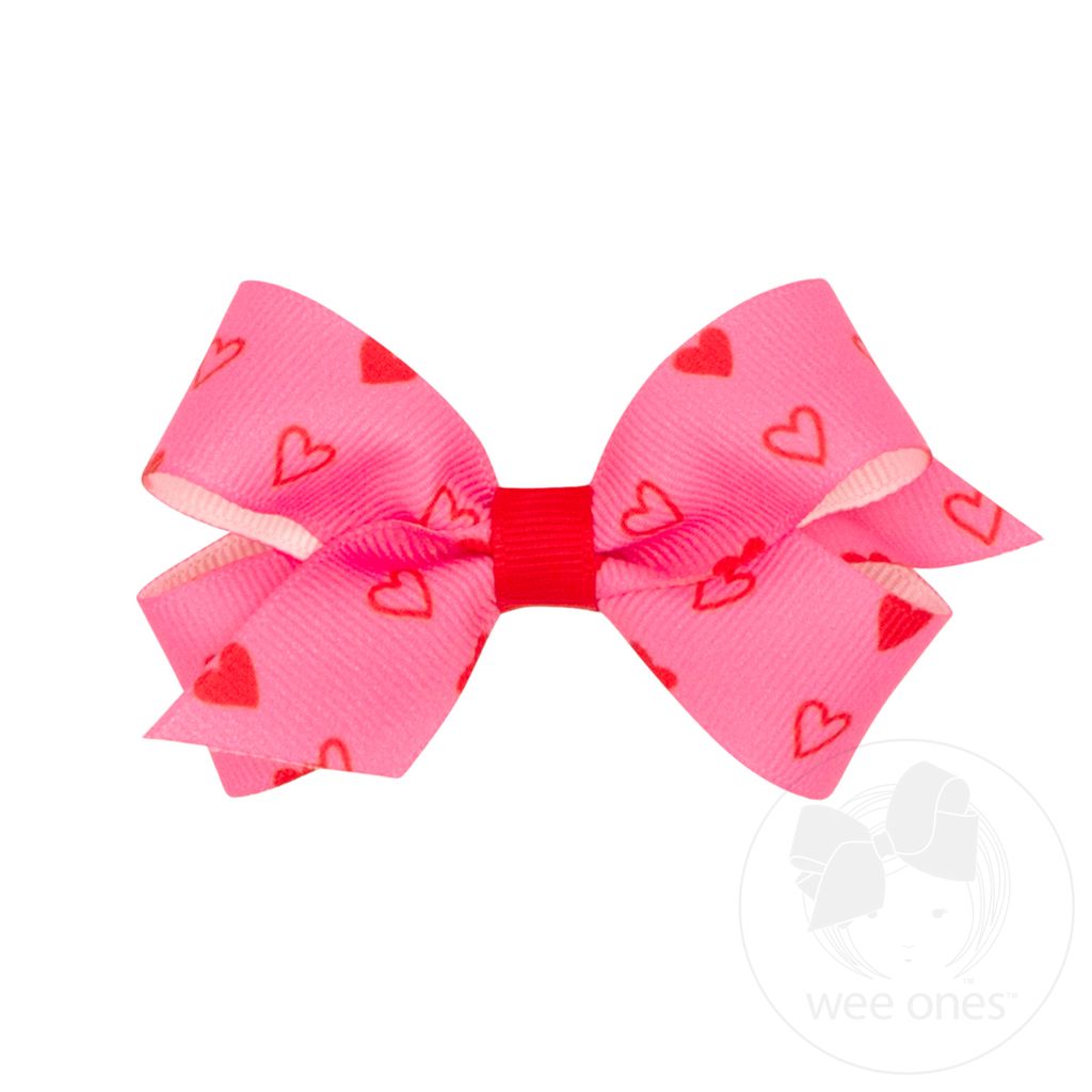 Mini Valentine Heart Print Grosgrain Girls Hair Bow - PINK