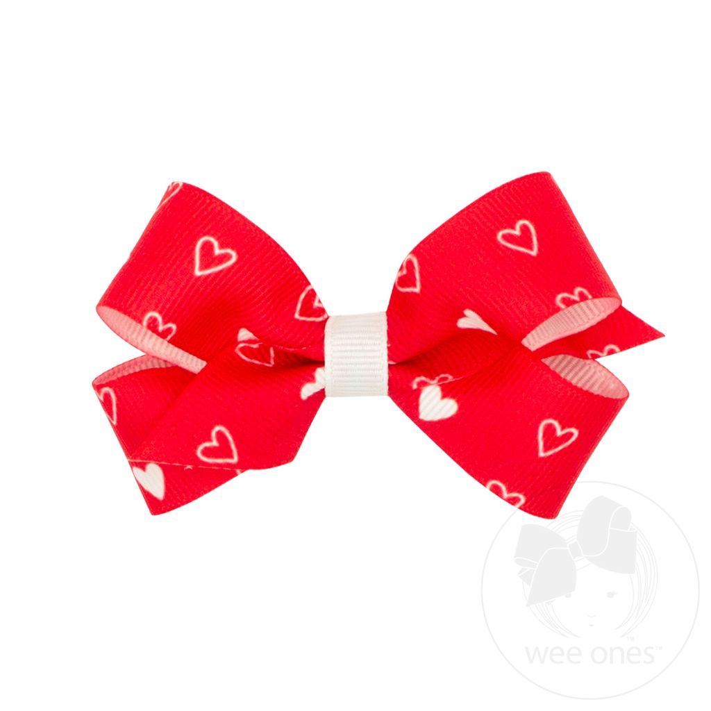 Mini Valentine Heart Print Grosgrain Girls Hair Bow - RED