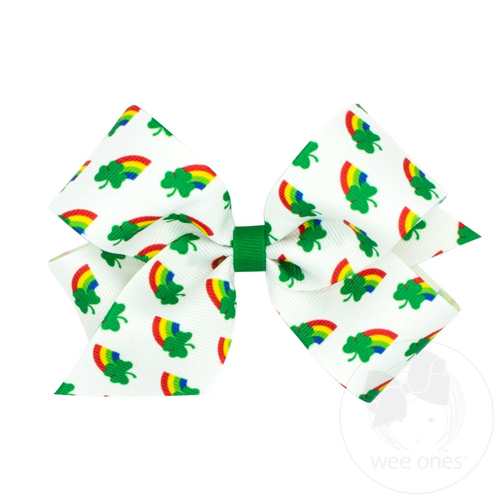 Medium Shamrock Print Grosgrain Girls Hair Bow - RAINBOW