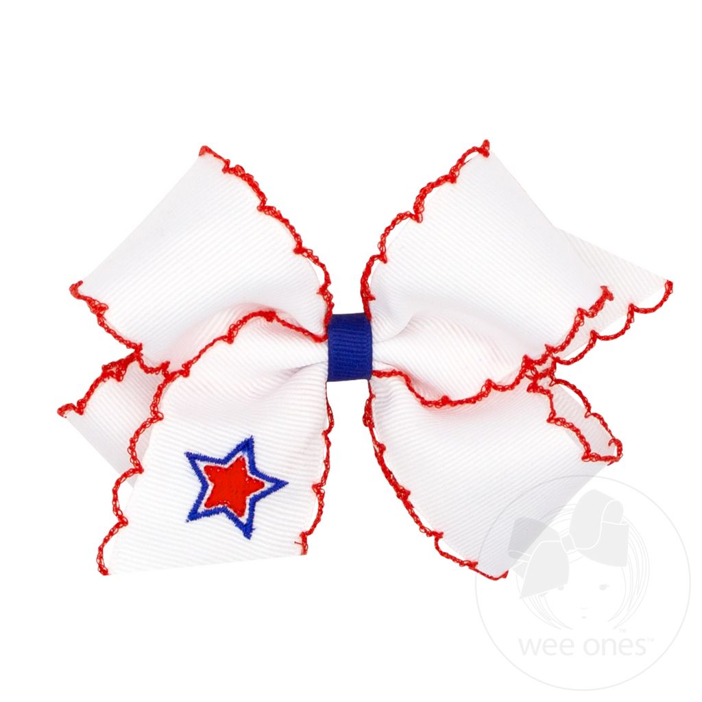 Medium White Grosgrain Bow with Royal Moonstitch Edge and Embroidery on the Tail - STAR