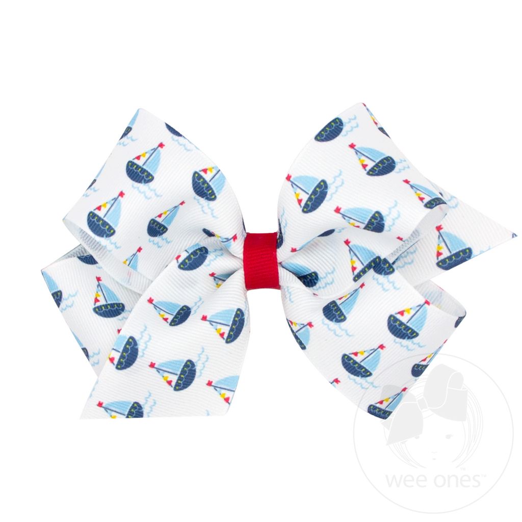 Medium Grosgrain Nautical-themed Print Girls Hair Bows - SAIL BOAT