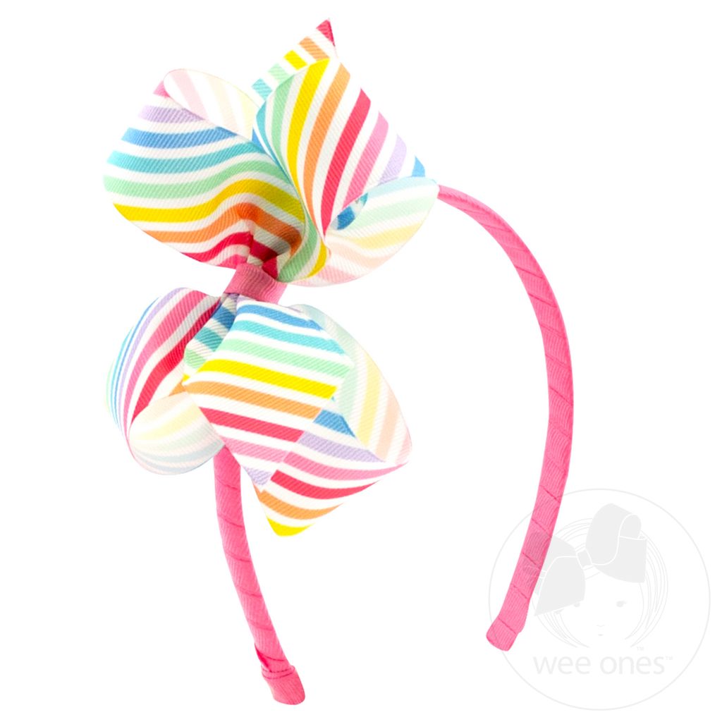 Medium Colorful Birthday Themed Party Patterned Grosgrain Girls Hair Bow On A Matching Headband - STRIPE