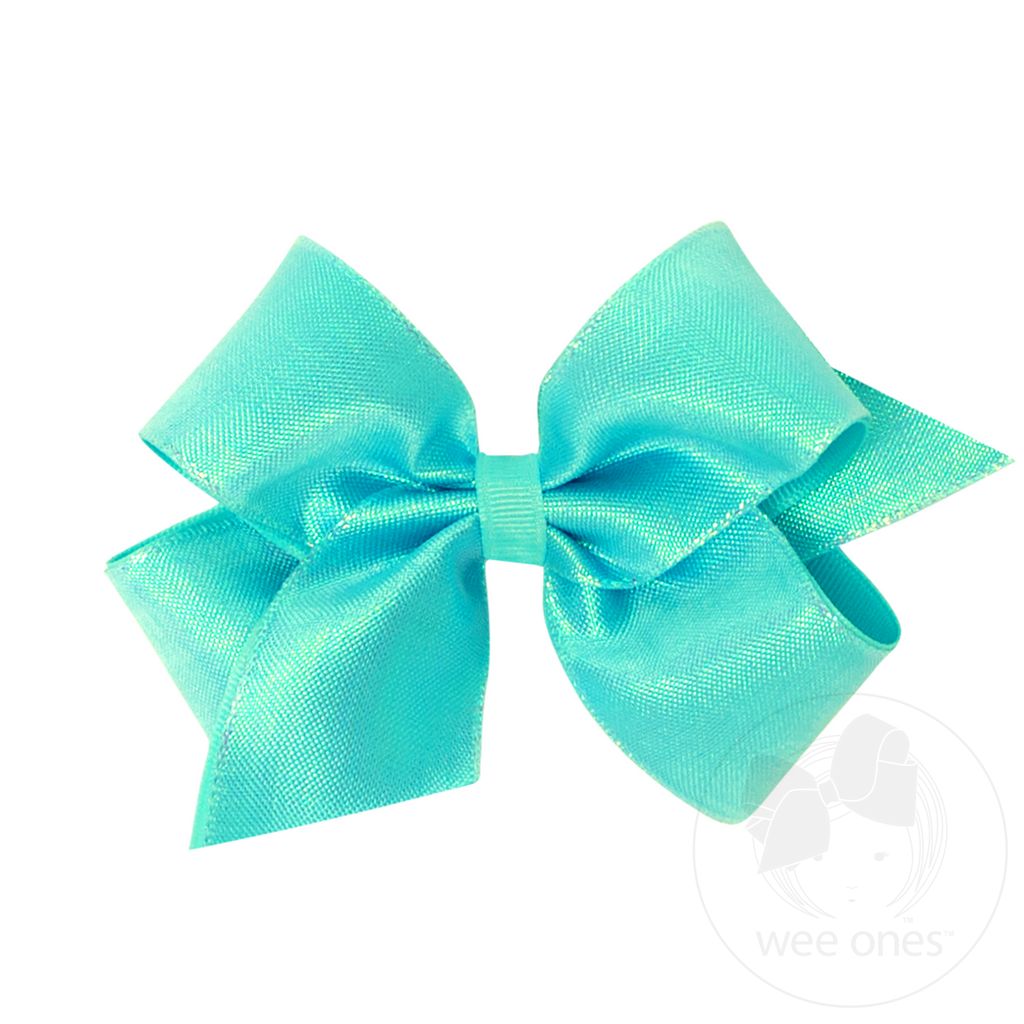 Medium Iridescent shimmer and Grosgrain Overlay Girls Hair Bows - NEW AQUA