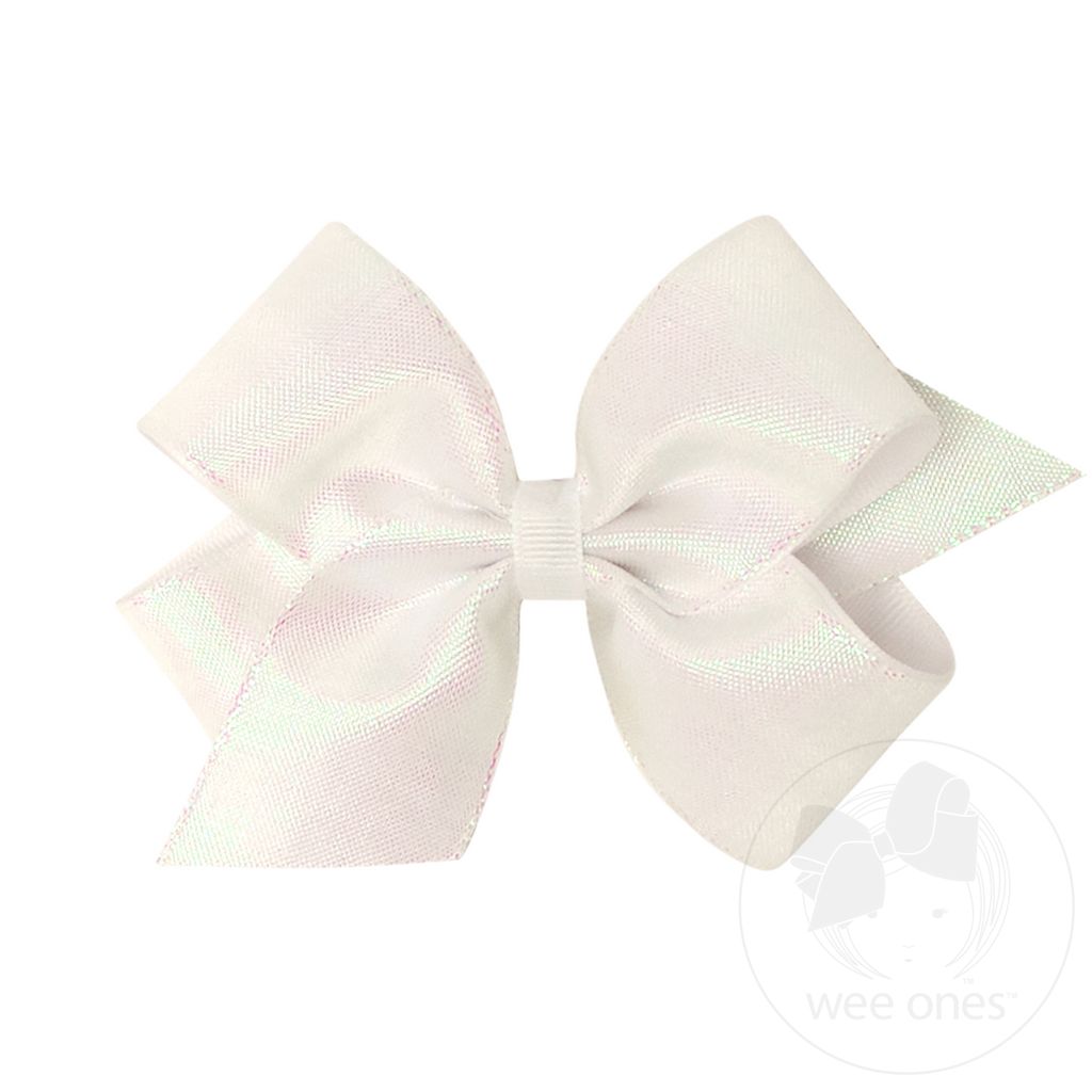 Medium Iridescent shimmer and Grosgrain Overlay Girls Hair Bows - WHITE