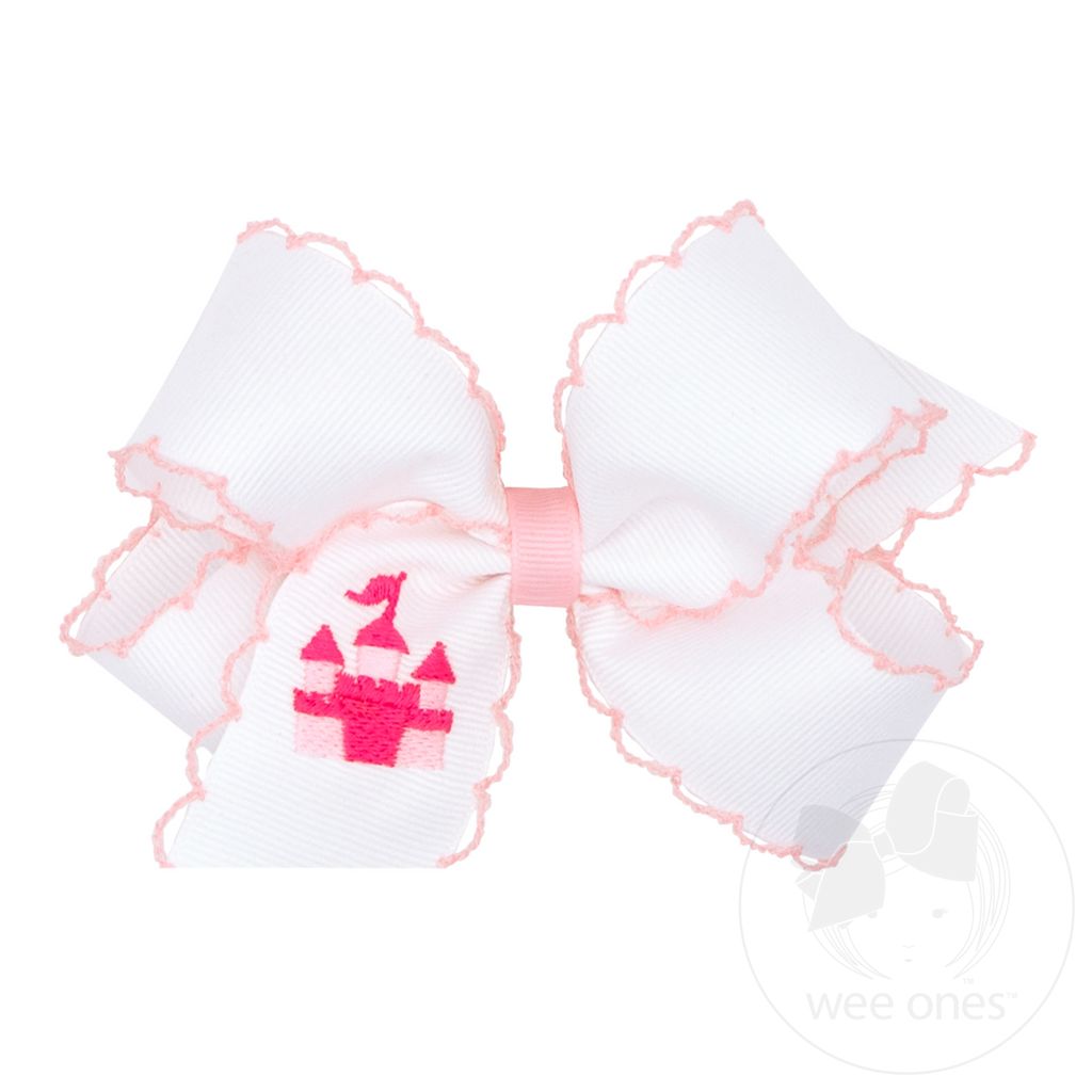 Medium Grosgrain Hair Bow with Pink Moonstitch Edge and Castle Embroidery - CASTLE