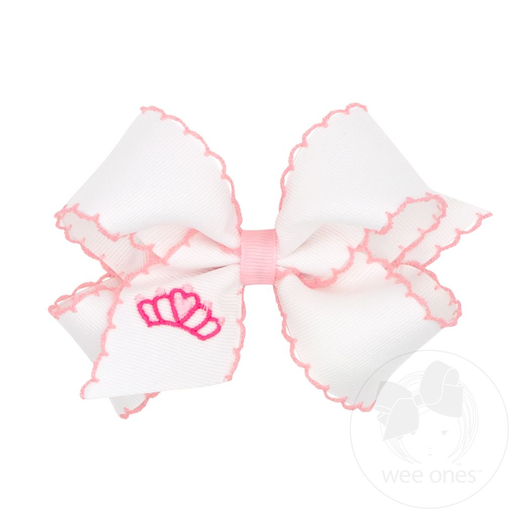 Medium Grosgrain Hair Bow with Pink Moonstitch Edge and Crown Embroidery - CROWN