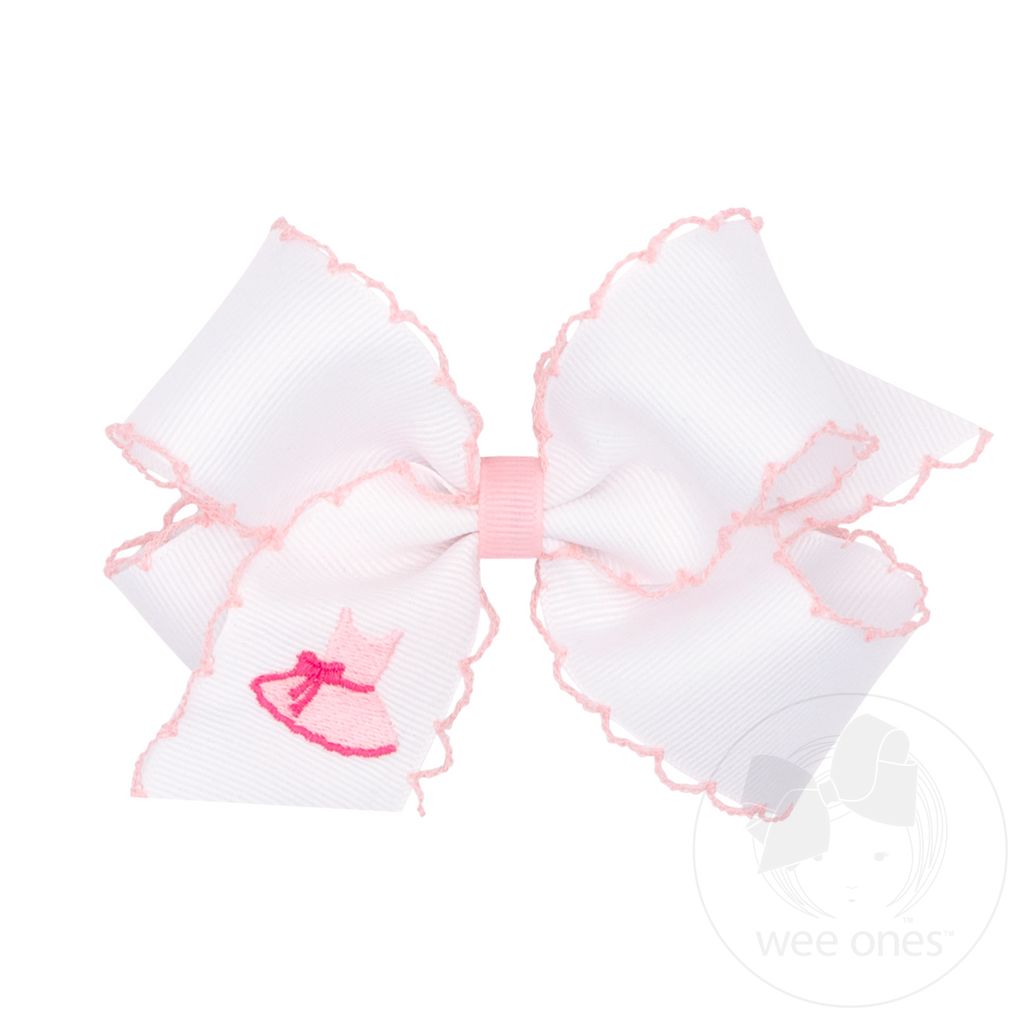 Medium Grosgrain Hair Bow with Pink Moonstitch Edge and Dress Embroidery - DRESS