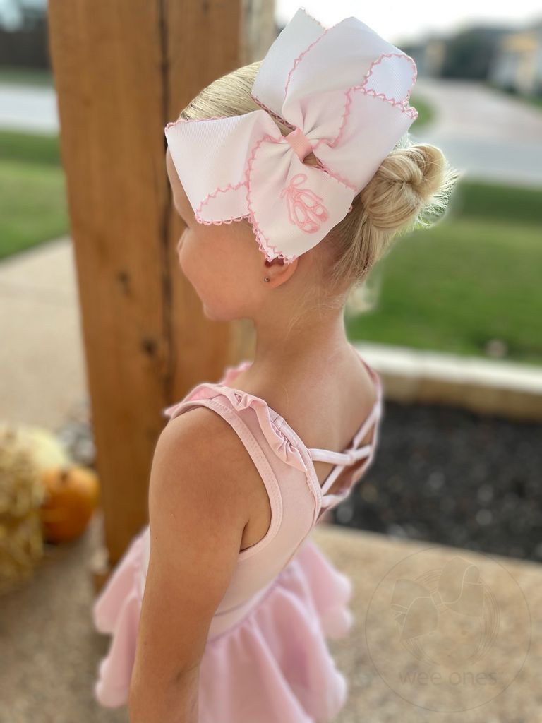King Grosgrain Hair Bow with Pink Moonstitch Edge and Ballet Slippers Embroidery