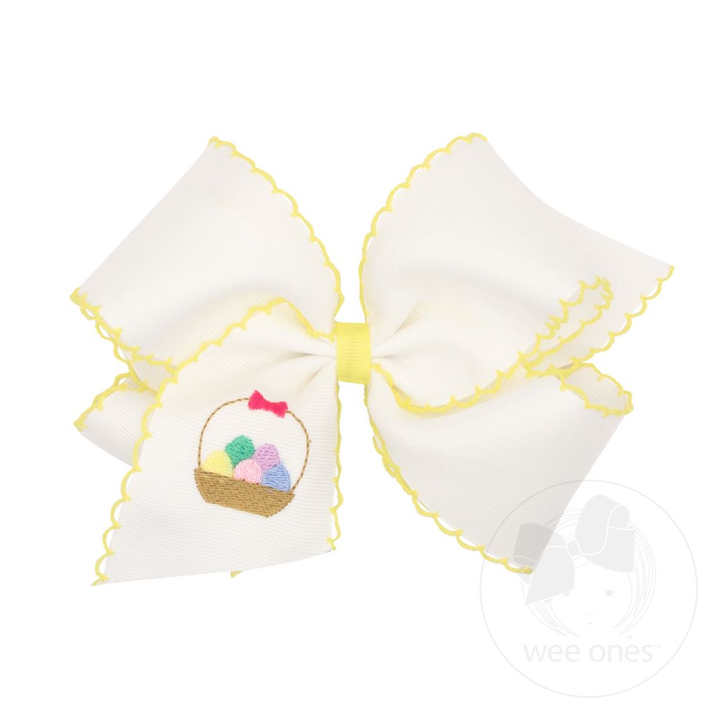 King White Grosgrain Girls Hair Bow with Moonstitch Edge and Easter Embroidery - EASTER BASKET
