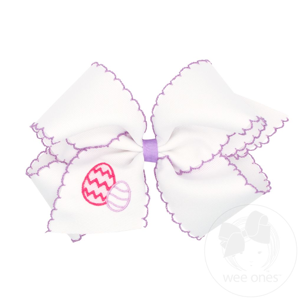 King White Grosgrain Girls Hair Bow with Moonstitch Edge and Easter Embroidery - EGGS