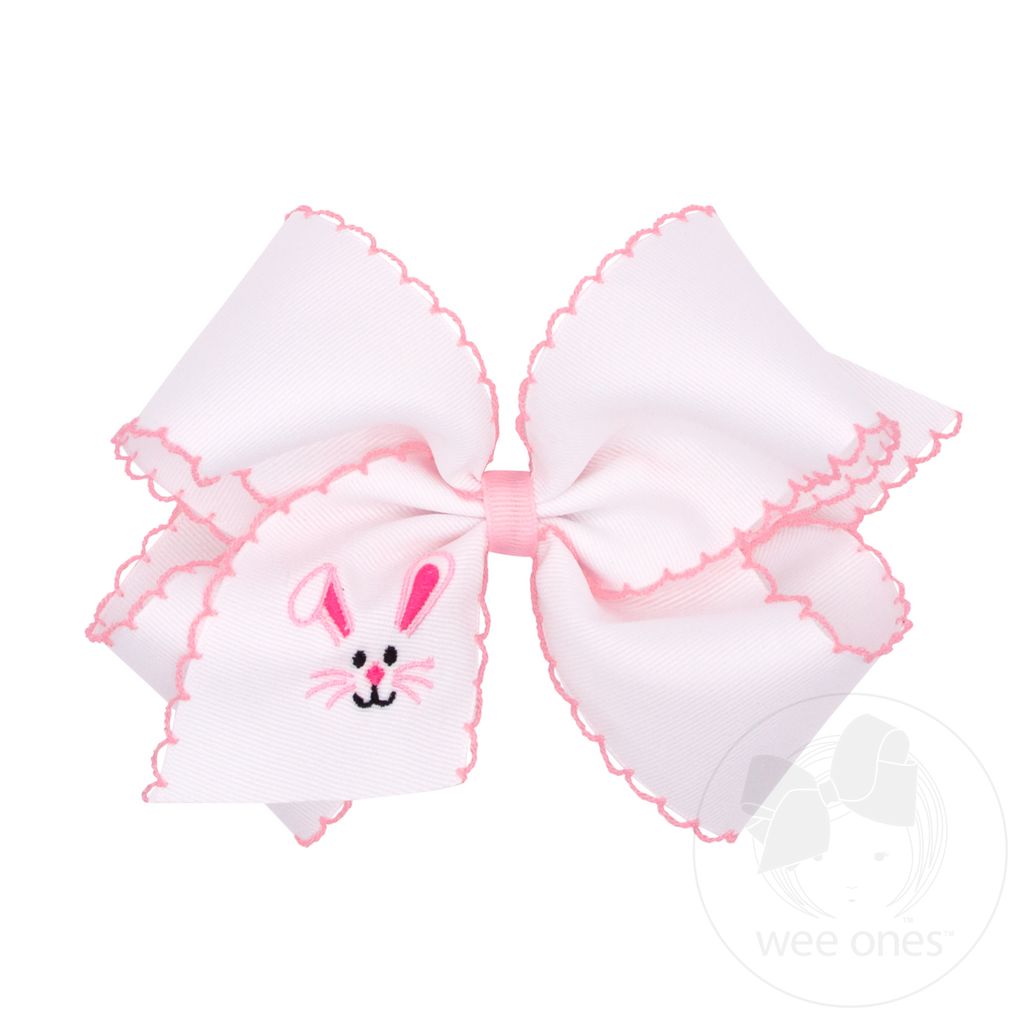 King White Grosgrain Girls Hair Bow with Moonstitch Edge and Easter Embroidery - FACE