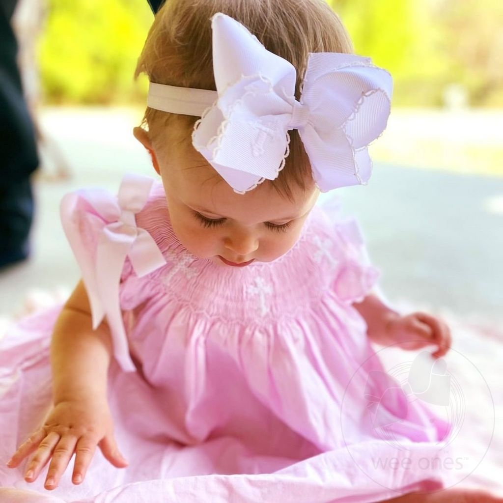 Medium White Grosgrain Hair Bow with Moonstitch Edge and Cross Embroidery on Tail